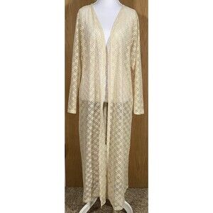 Women's 1X Cream Crochet Knit Maxi Duster Cardigan Lace Boho Festival Cottage